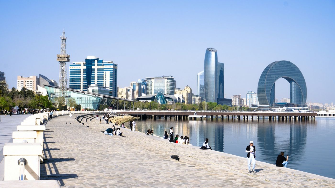 Baku Boulevard and the city's waterfront on the Caspian