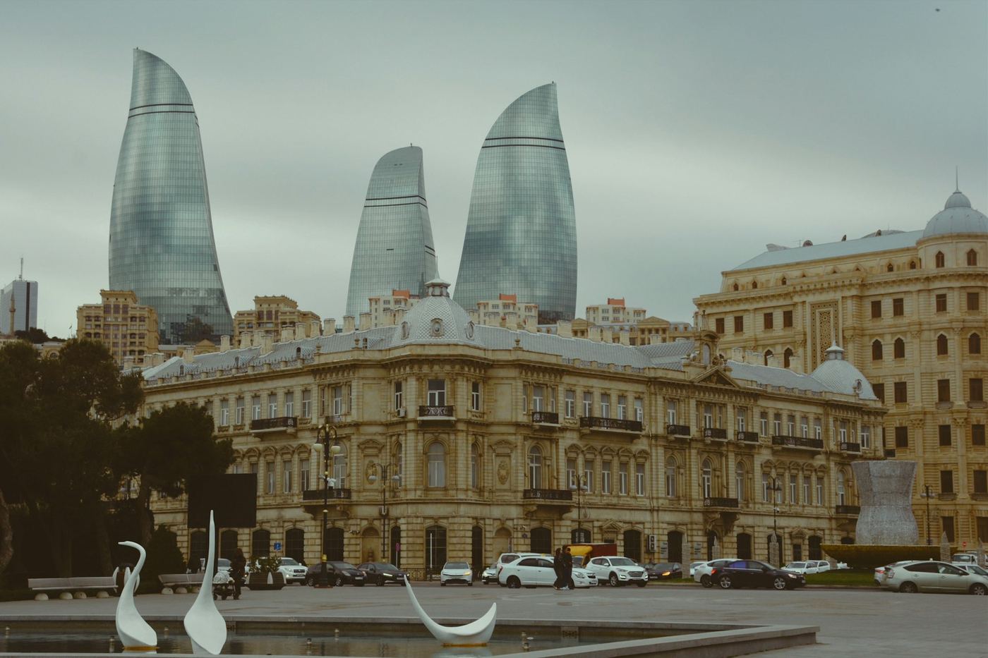 The Flame Towers above nineteenth-century buildings in central Baku