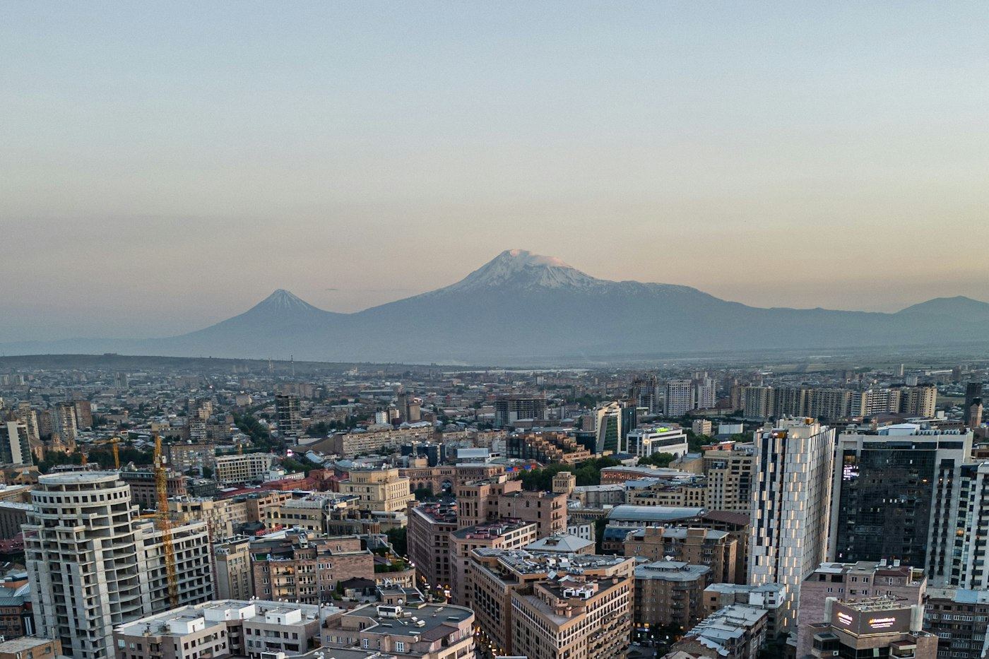 Yerevan at dusk, with Mount Ararat on the horizon